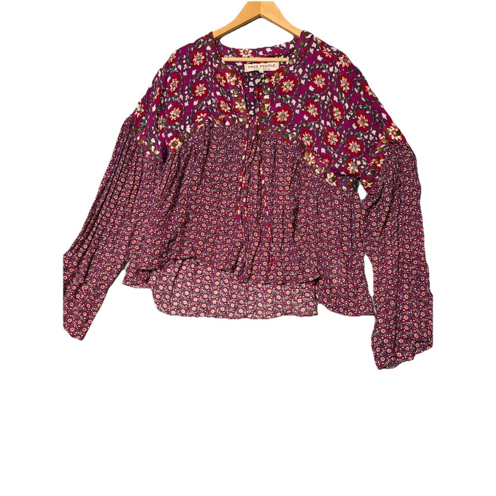 FREE PEOPLE Women Multicolor Long Flare Sleeve Boho Peasant Style Blouse Sz L - Picture 1 of 15